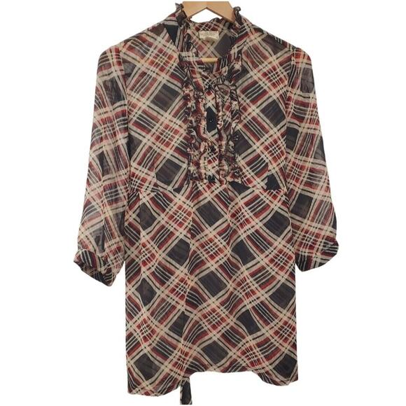 Daytrip By The Buckle BKE Womens Top L Plaid Ruffle Tie Sheer Poly Shirt Size - Picture 1 of 8